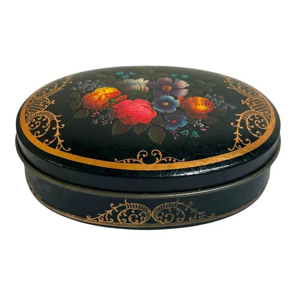 Vintage Black and Gold Floral Made in England Metal Tin Vanity Decor Storage - Picture 4 of 8